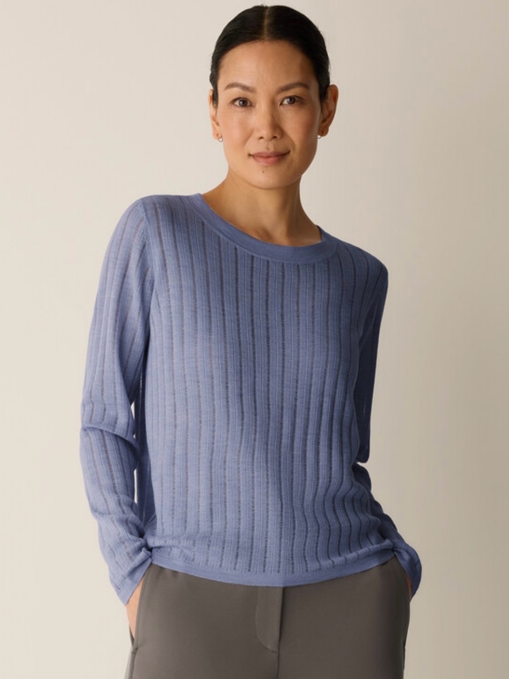 Eileen Fisher Superfine Merino Crew Neck Top in Regenerative Wool in Skylark L